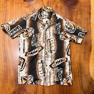 Vintage 70s Napili Barkcloth Hawaii Shirt Button Cotton Geometric Tiki Floral F5